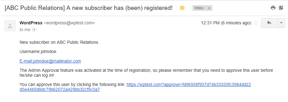 Example of an admin email for the WordPress approve new users feature