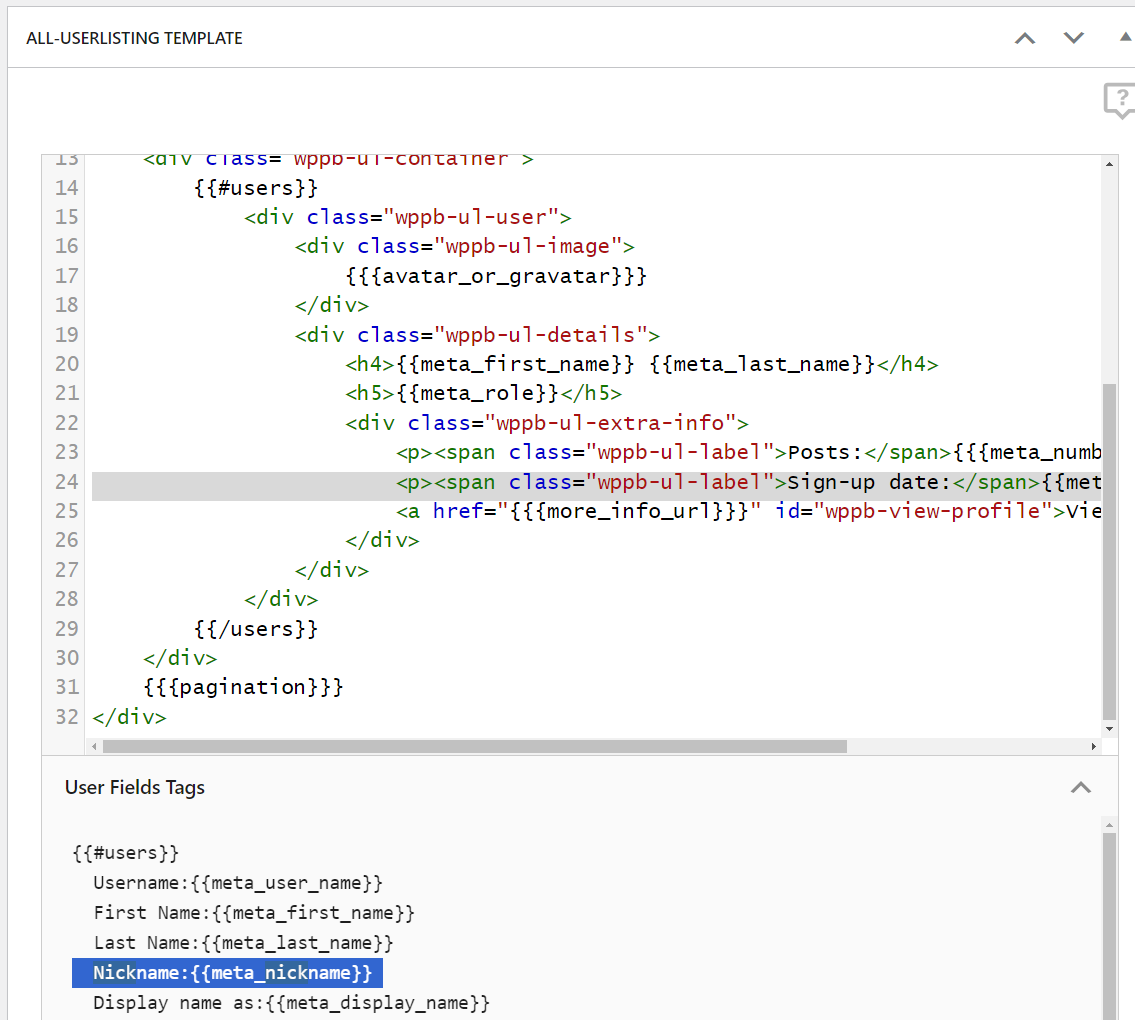 Editing the user listing template