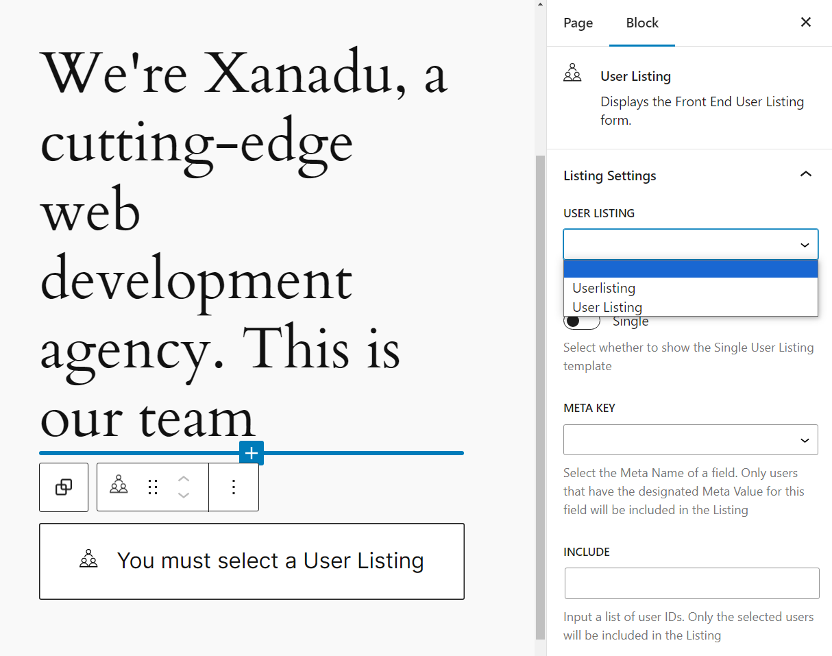 Selecting a user listing page